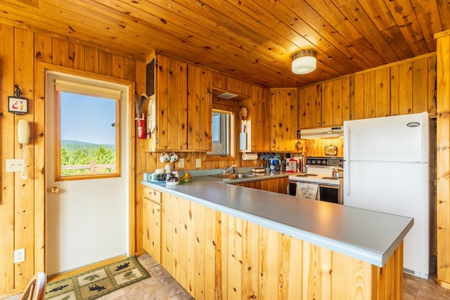 kitchen featuring white appliances, a peninsula, a sink, wood ceiling, and under cabinet range hood