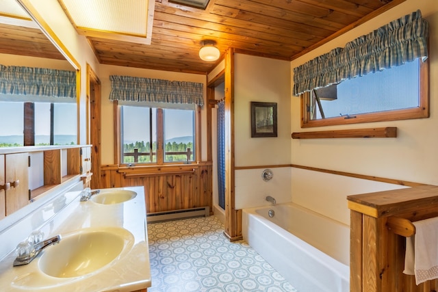 full bathroom with a sink, a baseboard radiator, and wooden ceiling