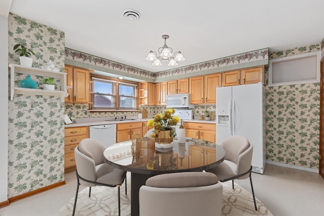 kitchen with open shelves, visible vents, white appliances, and wallpapered walls