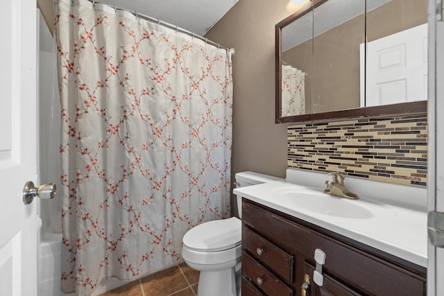 bathroom featuring toilet, shower / bath combo, tile patterned flooring, decorative backsplash, and vanity