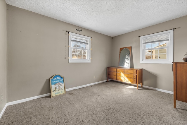 unfurnished bedroom with carpet flooring, multiple windows, a textured ceiling, and baseboards