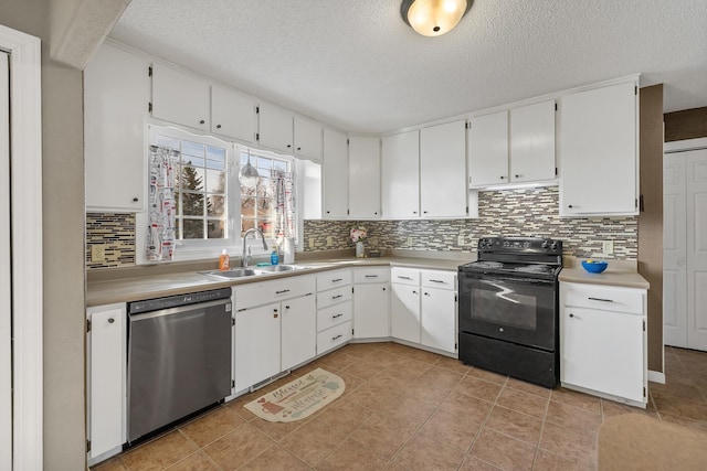 kitchen featuring black electric range, dishwasher, light countertops, and a sink