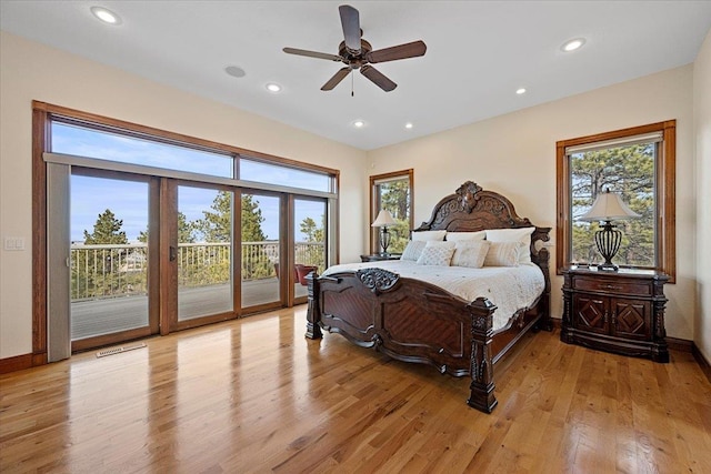 bedroom with light wood finished floors, recessed lighting, baseboards, and access to outside