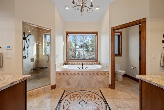 full bath featuring a garden tub, toilet, a shower stall, lofted ceiling, and vanity