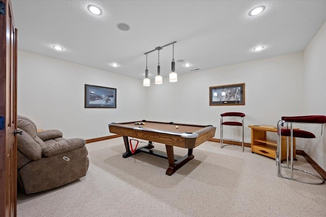 rec room featuring recessed lighting, baseboards, carpet, and billiards