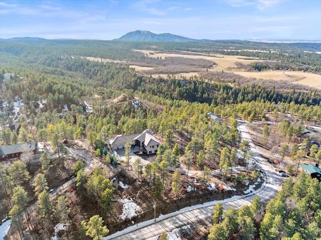 bird's eye view with a mountain view and a forest view