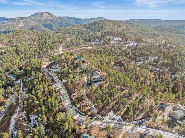 birds eye view of property featuring a mountain view and a forest view