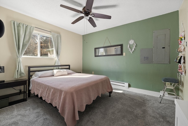 bedroom with a textured ceiling, carpet, electric panel, and baseboard heating