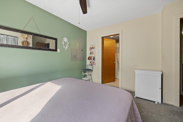 carpeted bedroom with ceiling fan
