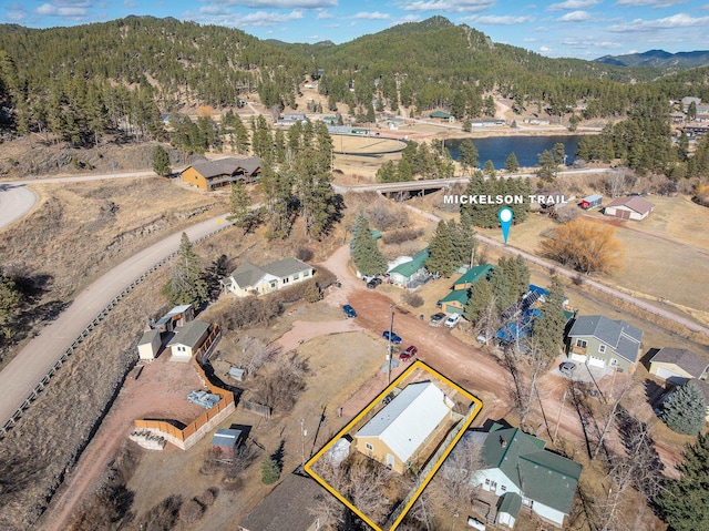 drone / aerial view with a forest view and a mountain view
