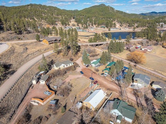 drone / aerial view with a mountain view and a view of trees