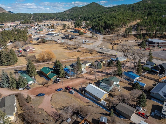drone / aerial view featuring a forest view and a mountain view
