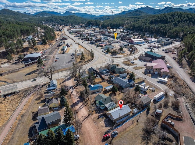 birds eye view of property with a mountain view and a forest view