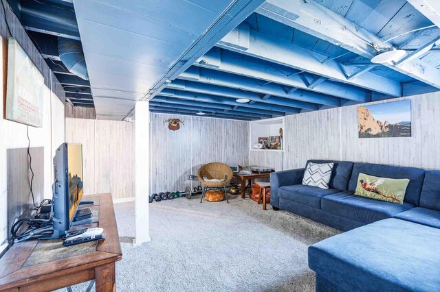 41 Taylor Ave, Deadwood, SD 57732 - living room featuring carpet flooring and wood walls