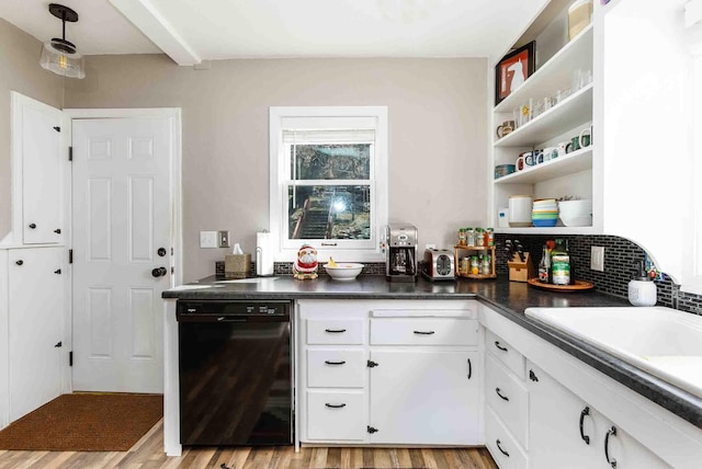 41 Taylor Ave, Deadwood, SD 57732 - kitchen featuring open shelves, light wood finished floors, black dishwasher, dark countertops, and white cabinets