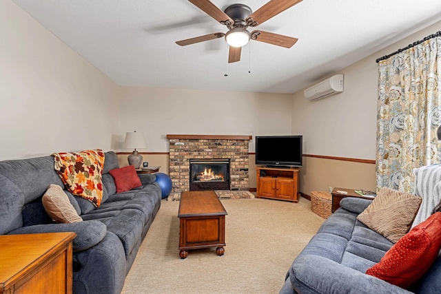 living room with light carpet, a wall unit AC, ceiling fan, and a brick fireplace