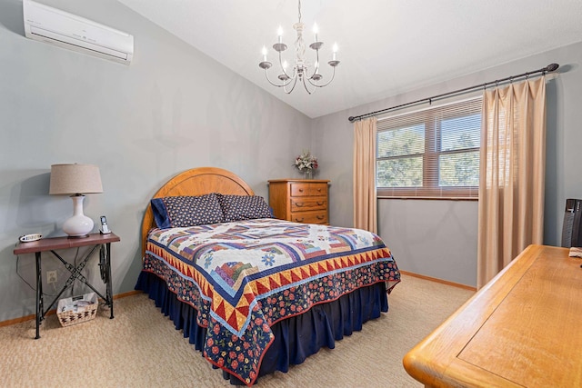 carpeted bedroom with baseboards, lofted ceiling, a wall mounted AC, and an inviting chandelier