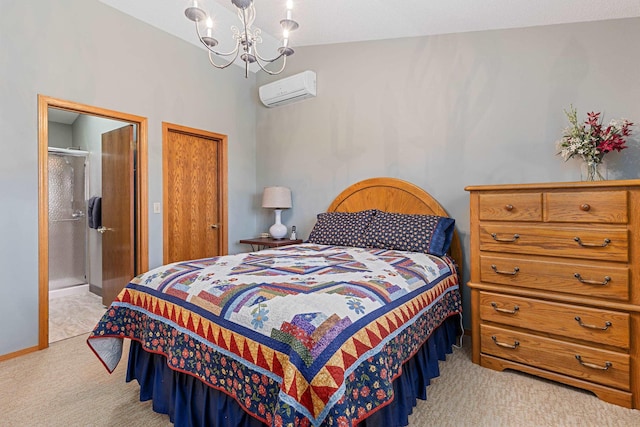 bedroom featuring a wall mounted AC, baseboards, ensuite bath, an inviting chandelier, and light colored carpet