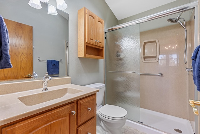 bathroom featuring a shower stall, toilet, and vanity