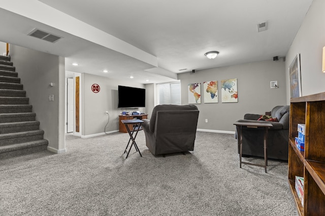 3370 Remington Rd, Rapid City, SD 57703 - carpeted living area featuring baseboards, visible vents, recessed lighting, and stairway