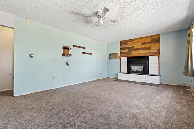 unfurnished living room featuring a wall mounted AC, a textured ceiling, carpet floors, wooden walls, and ceiling fan