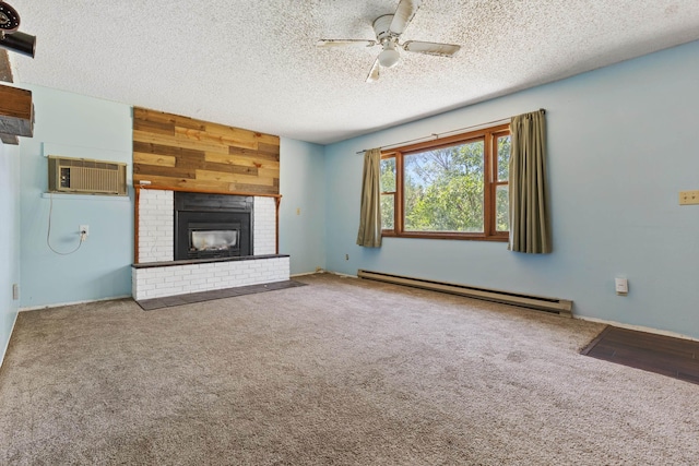unfurnished living room featuring a wall mounted AC, carpet, a fireplace, ceiling fan, and baseboard heating