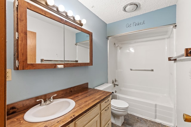 bathroom featuring a textured ceiling, visible vents, tub / shower combination, toilet, and vanity