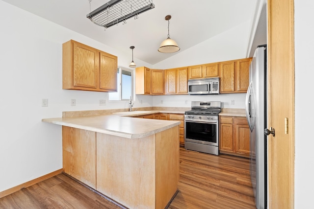kitchen featuring a peninsula, stainless steel appliances, lofted ceiling, and wood finished floors