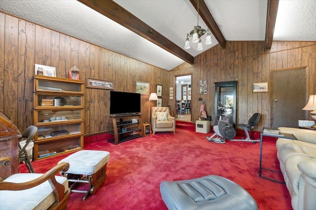 carpeted living area with wooden walls and vaulted ceiling with beams