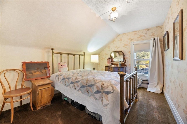 bedroom with dark carpet, baseboards, vaulted ceiling, and wallpapered walls