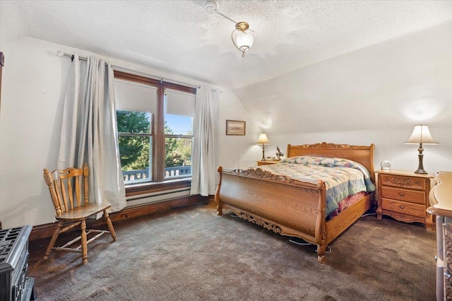 carpeted bedroom featuring baseboard heating, a textured ceiling, and vaulted ceiling