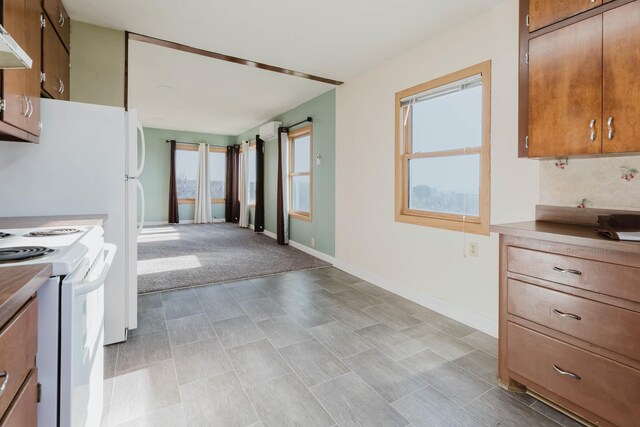 1227 S Street, Rapid City, SD 57701 - kitchen with brown cabinets, white range with electric stovetop, baseboards, and under cabinet range hood