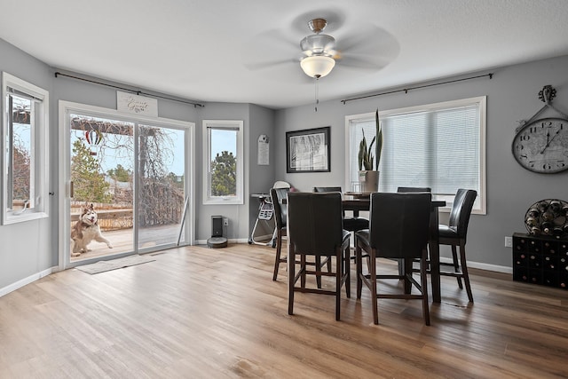 dining area featuring ceiling fan, baseboards, a healthy amount of sunlight, and wood finished floors