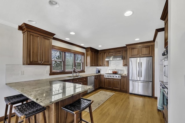 kitchen with light wood-style floors, a peninsula, appliances with stainless steel finishes, under cabinet range hood, and a sink