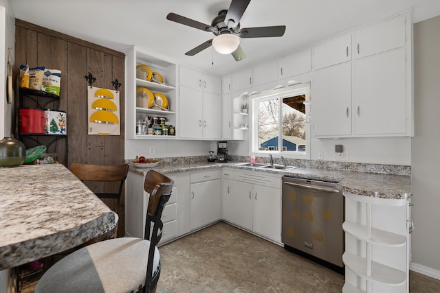 4101 Pleasant Dr, Rapid City, SD 57702 - kitchen featuring ceiling fan, white cabinetry, open shelves, dishwasher, and a sink