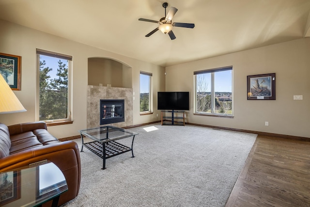 6627 Kennemer Dr, Rapid City, SD 57702 - living room featuring baseboards, wood finished floors, plenty of natural light, and a tile fireplace