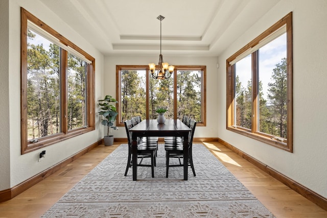 2724 Diamond Oak Pl, Rapid City, SD 57702 - dining area with a chandelier, light wood-type flooring, a tray ceiling, and baseboards