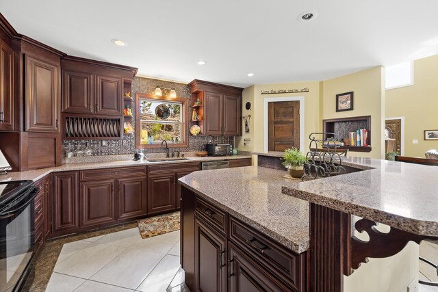 11583 Pay Dirt Pass, Custer, SD 57730 - kitchen with backsplash, open shelves, a sink, light stone countertops, and black range with electric cooktop