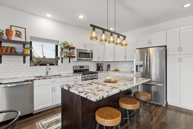 3818 W Main St, Rapid City, SD 57702 - kitchen featuring open shelves, stainless steel appliances, dark wood-style floors, and a sink