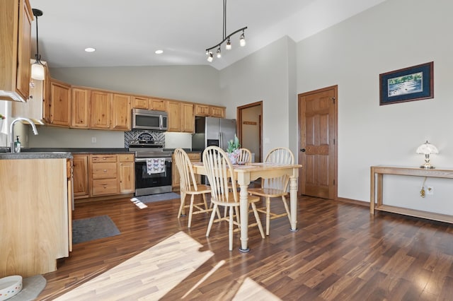 kitchen with high vaulted ceiling, dark countertops, a sink, appliances with stainless steel finishes, and dark wood-type flooring