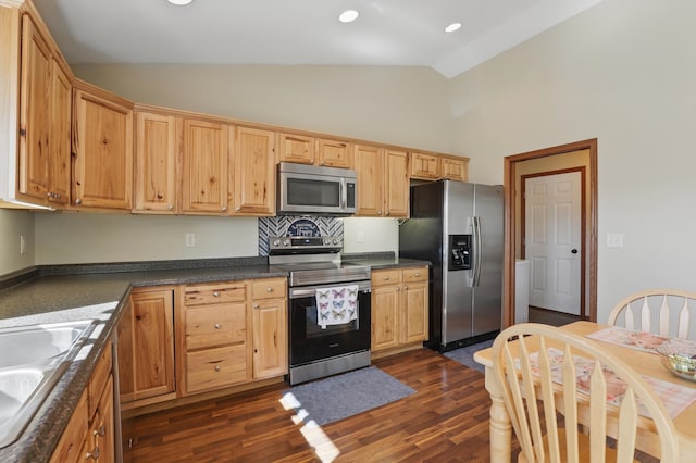 kitchen featuring dark wood-style floors, a sink, dark countertops, high vaulted ceiling, and appliances with stainless steel finishes