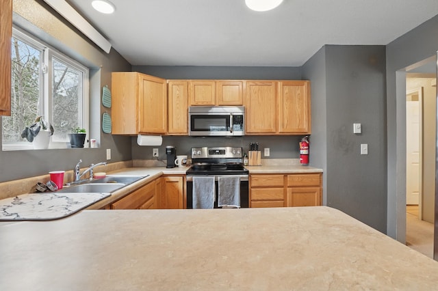 12634 Robins Roost Rd, Hill City, SD 57745 - kitchen featuring light brown cabinetry, stainless steel appliances, light countertops, and a sink