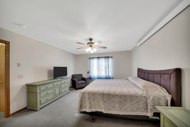 bedroom with light colored carpet and ceiling fan
