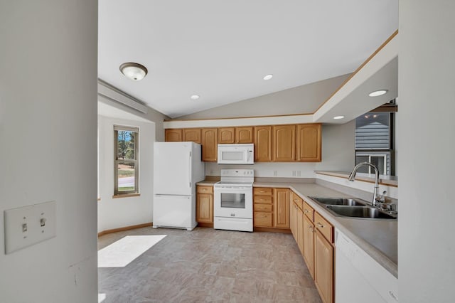 kitchen with a sink, vaulted ceiling, baseboards, white appliances, and light countertops
