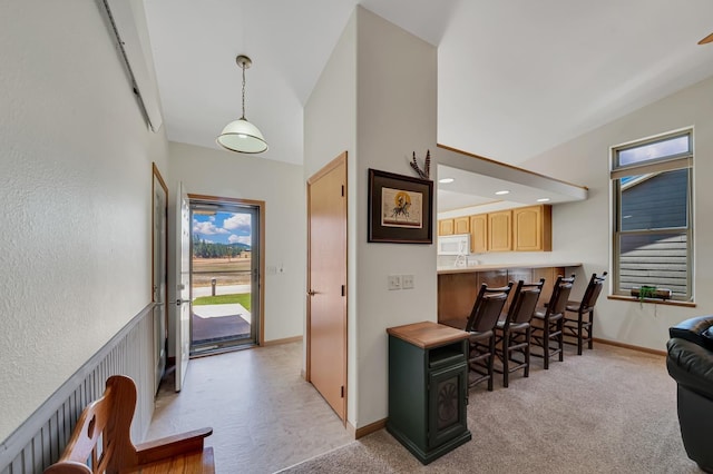 interior space with light carpet, baseboards, and high vaulted ceiling