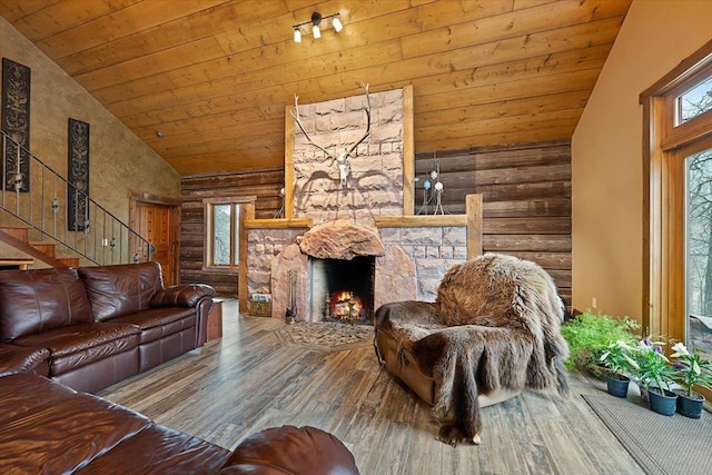 20097 Higgins Gulch Rd, Spearfish, SD 57783 - living room with wooden ceiling, wood finished floors, stairway, and plenty of natural light