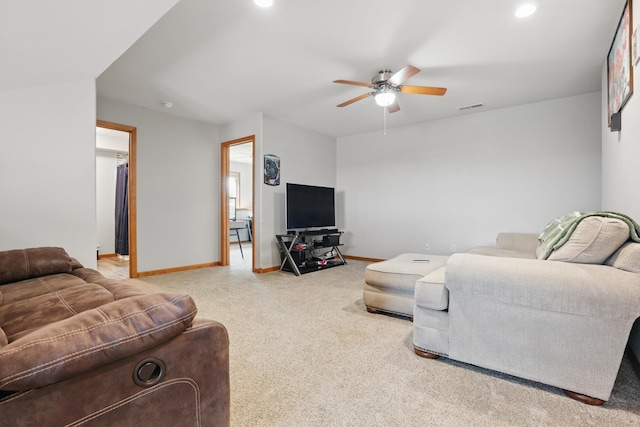 carpeted living room with recessed lighting, visible vents, a ceiling fan, and baseboards