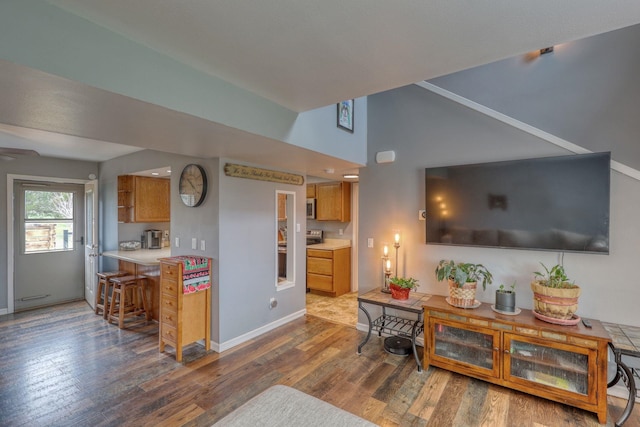living room featuring baseboards, dark wood-style flooring, and lofted ceiling