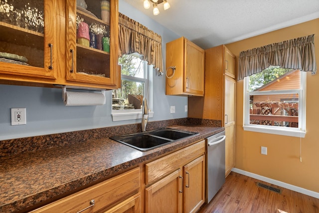 kitchen featuring light wood finished floors, dark countertops, stainless steel dishwasher, and a sink