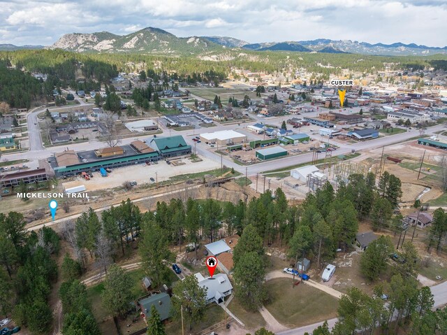 drone / aerial view featuring a mountain view
